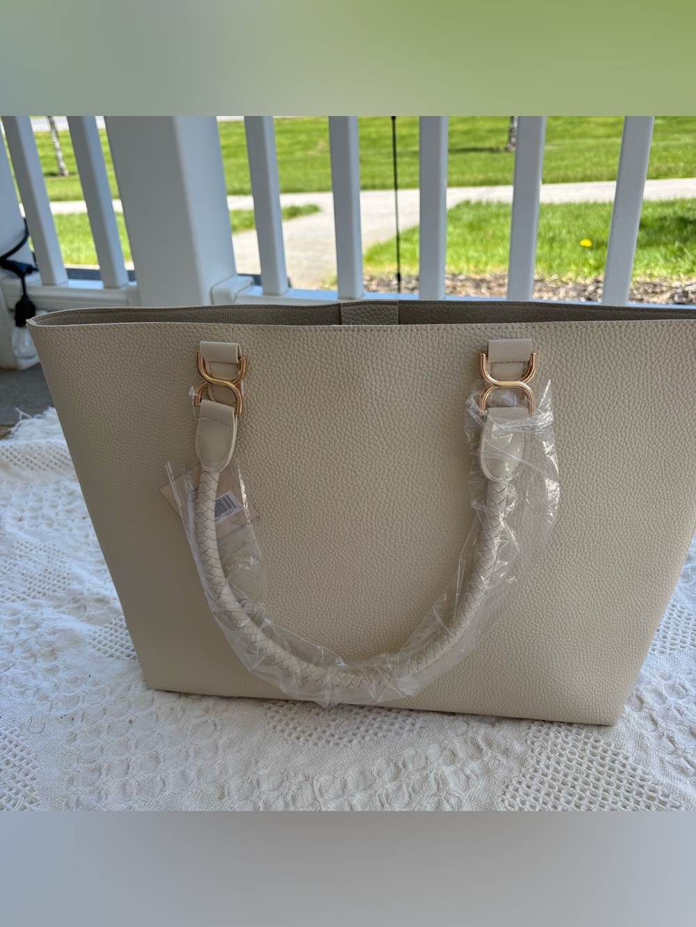 Cream Leather Tote Bag with Braided Handles NWT